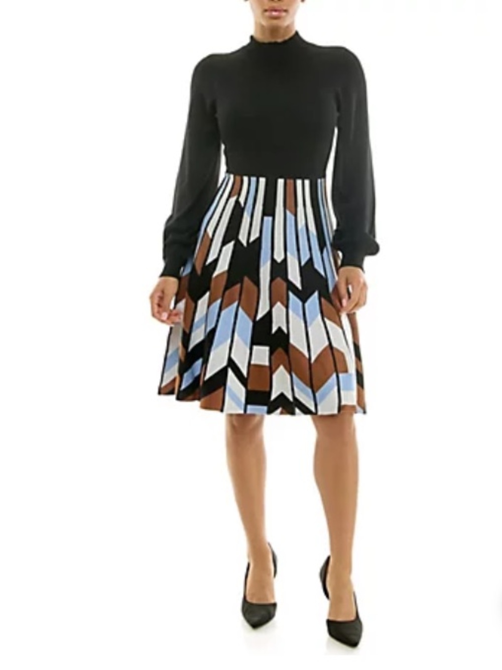 Geometric Sweater Dress- Black, Blue & Brown